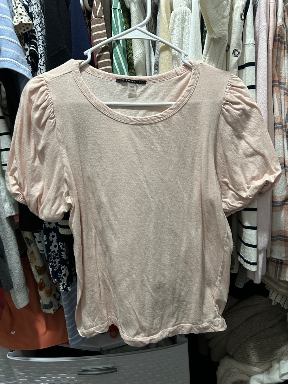 Tahari Baby Pink Puff Sleeve Short Sleeve Tee